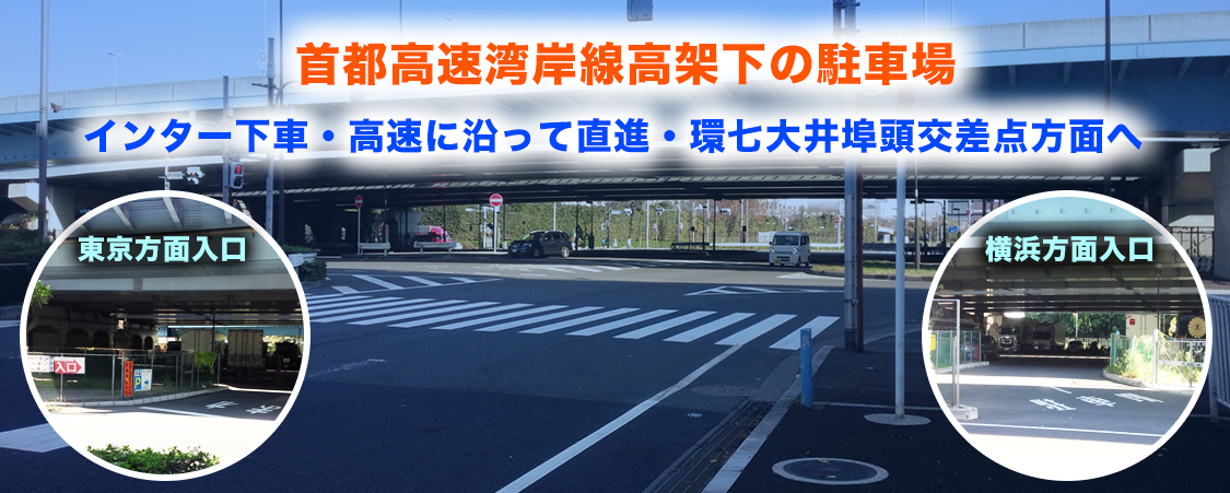 首都高速湾岸線高架下の駐車場 イ ン ター下車・ 高速に沿って直進・環七大井埠頭交差点方面へ